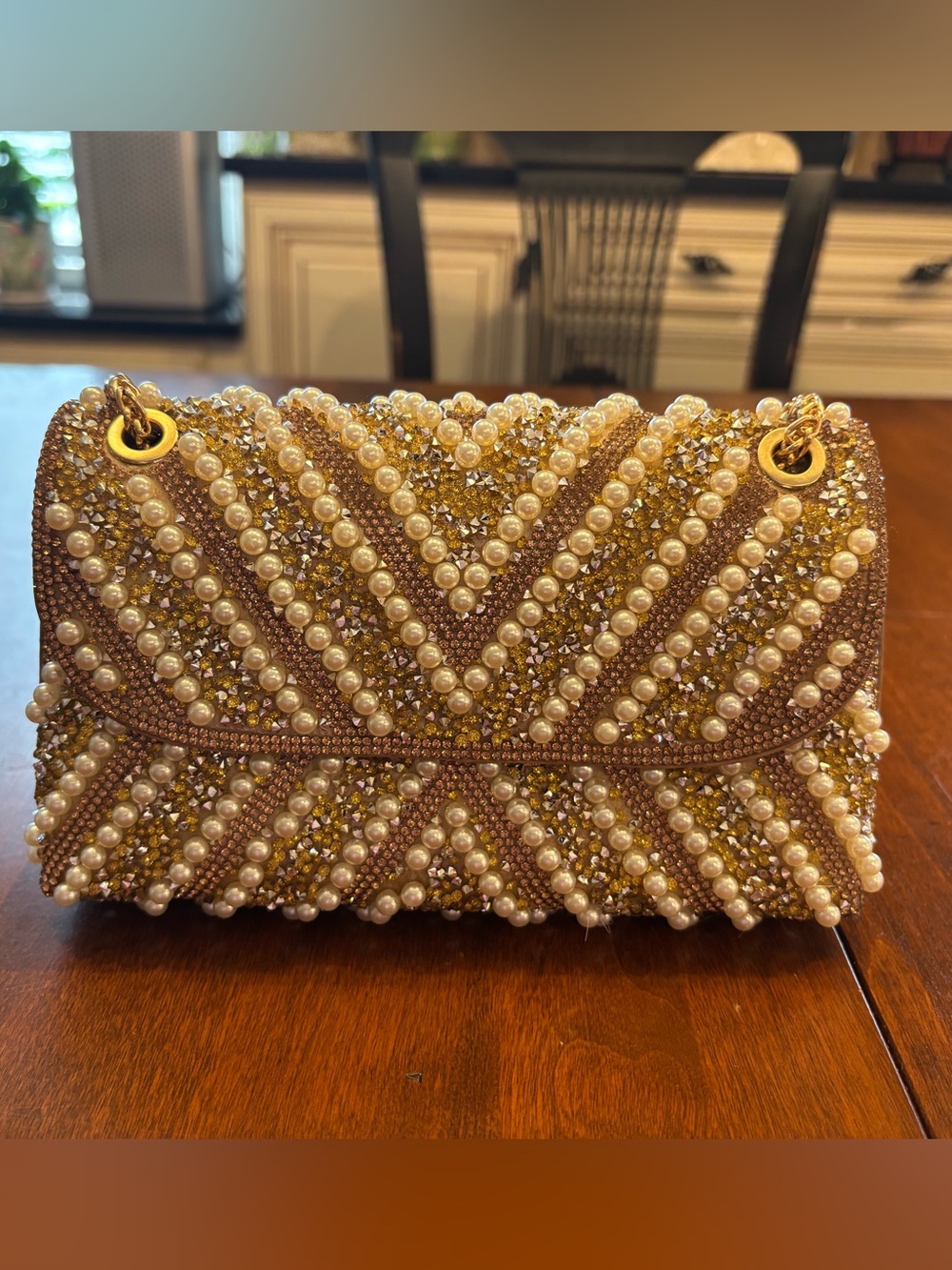 Gold Beaded Pearl Accent Women’s Evening Bag